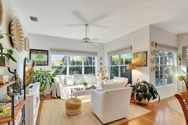 living room with ceiling fan and light wood-type flooring