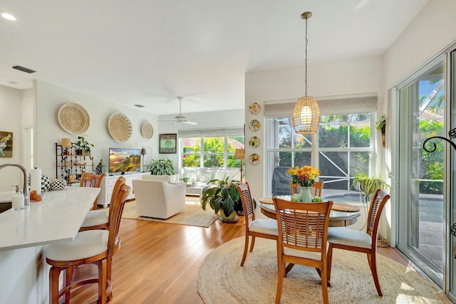 dining space featuring light wood-type flooring and ceiling fan