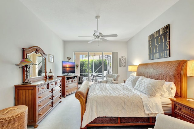 bedroom with access to outside, ceiling fan, and light carpet