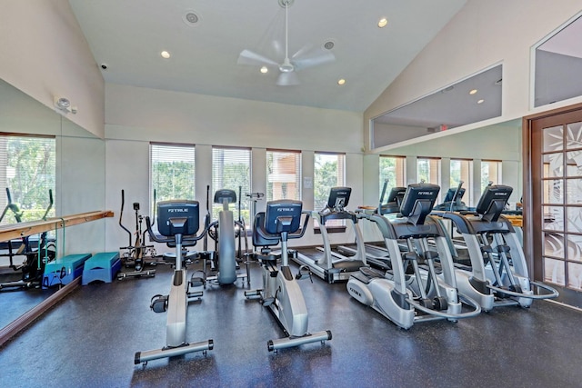 gym featuring high vaulted ceiling and ceiling fan