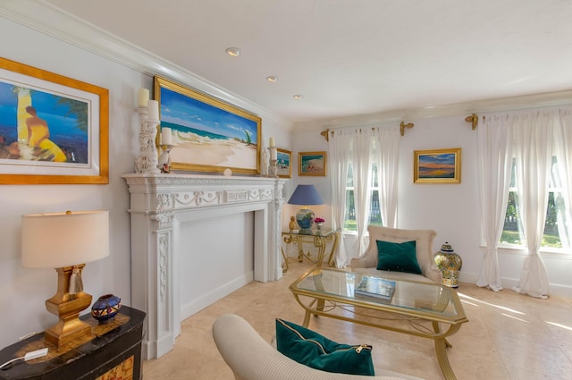 sitting room with light tile patterned floors and crown molding