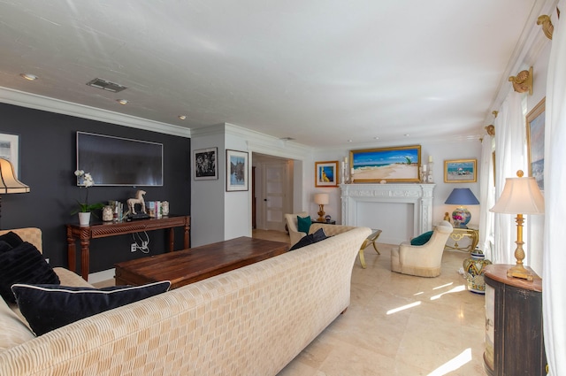 living room featuring crown molding