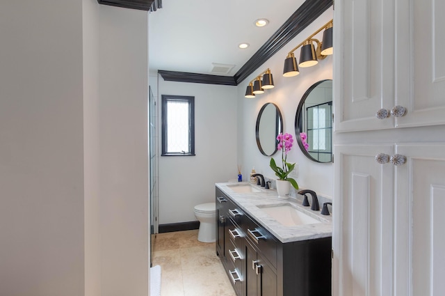 bathroom with crown molding, tile patterned flooring, vanity, and toilet