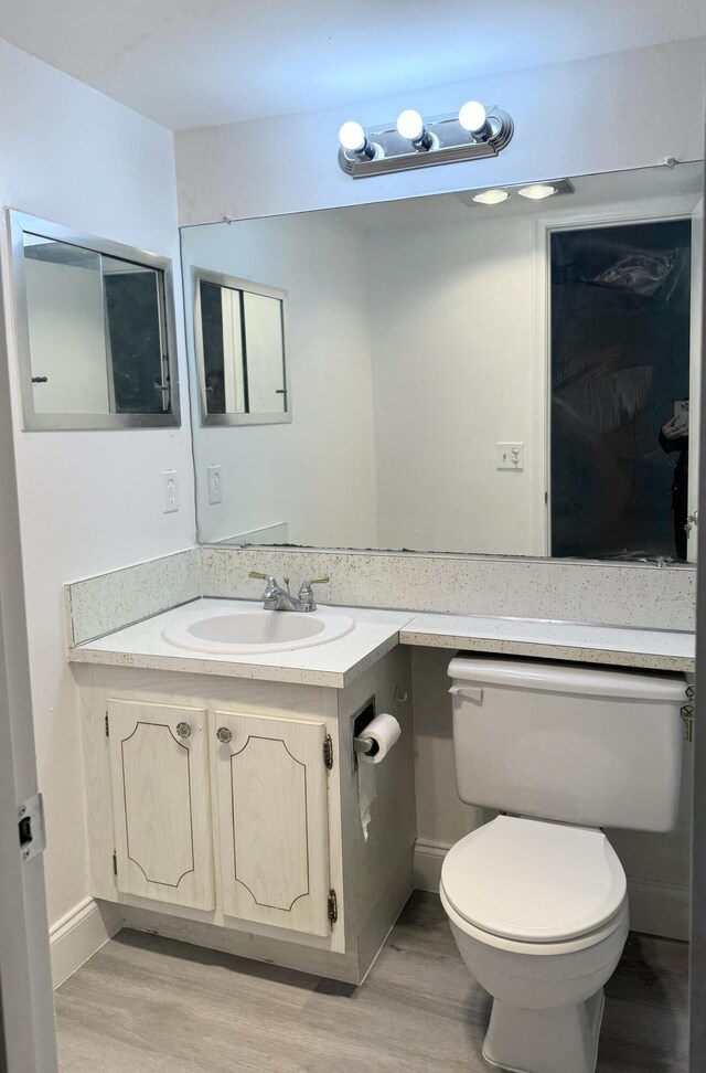 bathroom featuring vanity, toilet, and wood finished floors