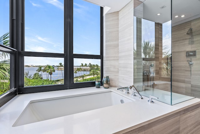 bathroom featuring a washtub and a water view