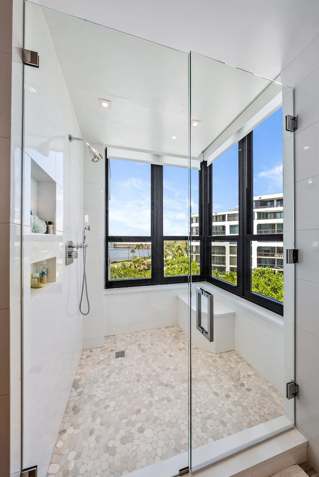 bathroom featuring a shower with shower door