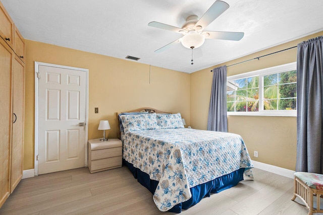 bedroom featuring ceiling fan and light hardwood / wood-style floors