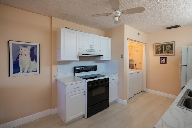 kitchen featuring white cabinets, light wood-type flooring, black range with electric cooktop, and white refrigerator