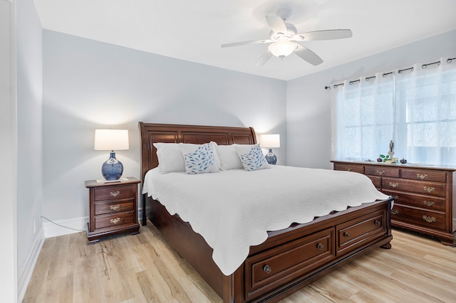 bedroom featuring ceiling fan and light hardwood / wood-style floors