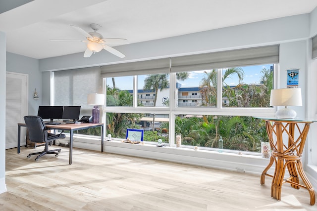 office featuring ceiling fan, a wealth of natural light, and light hardwood / wood-style flooring