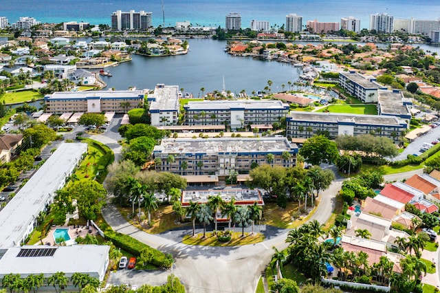 bird's eye view with a water view