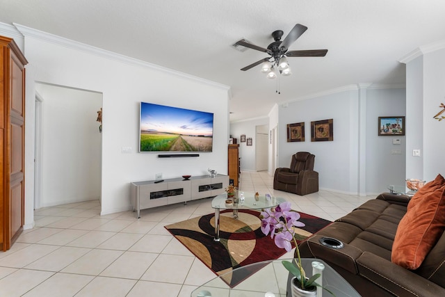 living room featuring ceiling fan, crown molding, and light tile patterned flooring