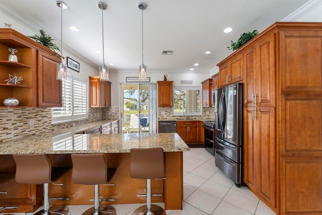 kitchen featuring backsplash, decorative light fixtures, a breakfast bar, appliances with stainless steel finishes, and ornamental molding