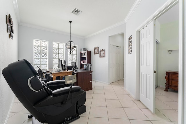 tiled office space featuring an inviting chandelier and ornamental molding