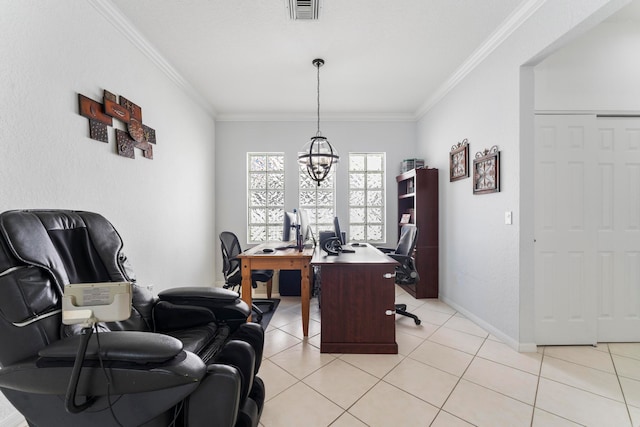 tiled office space with a chandelier and ornamental molding