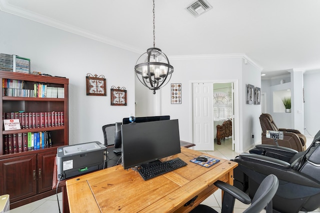 tiled home office with crown molding and an inviting chandelier