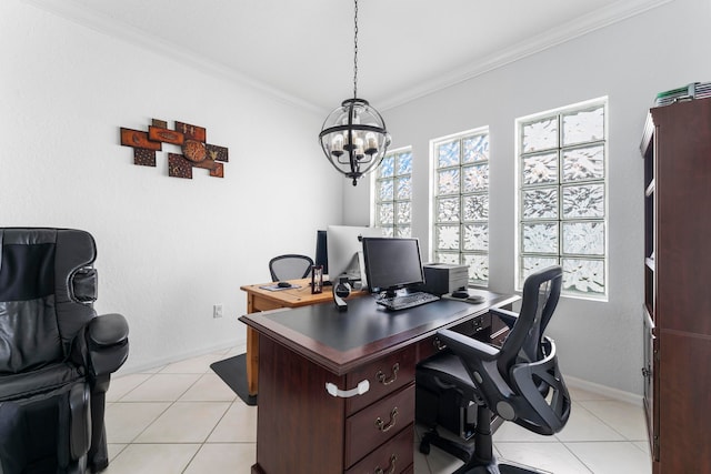 tiled office space featuring crown molding and a chandelier