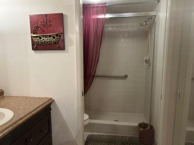 bathroom with toilet, vanity, and a shower with shower curtain