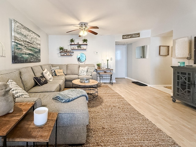 living room featuring ceiling fan and wood-type flooring