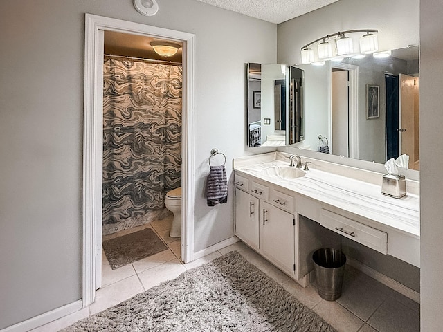 bathroom with tile patterned flooring, a textured ceiling, toilet, vanity, and a shower with shower curtain