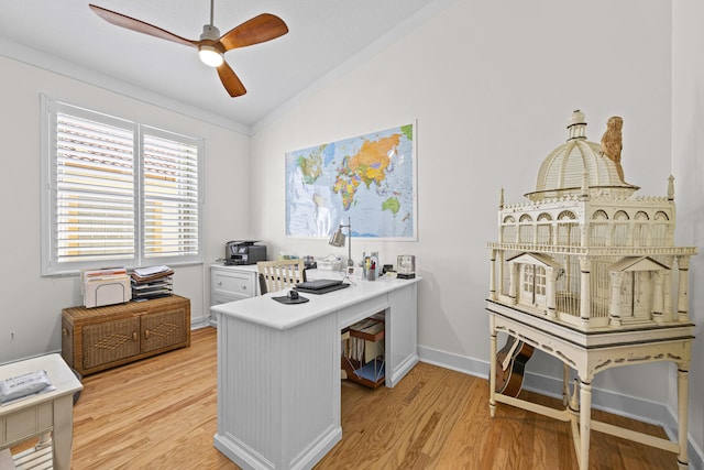 office area with ceiling fan, light hardwood / wood-style floors, and vaulted ceiling