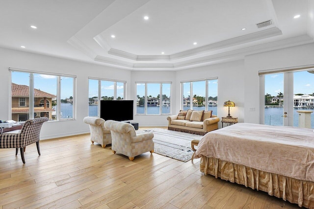 bedroom featuring light hardwood / wood-style floors, a raised ceiling, and multiple windows