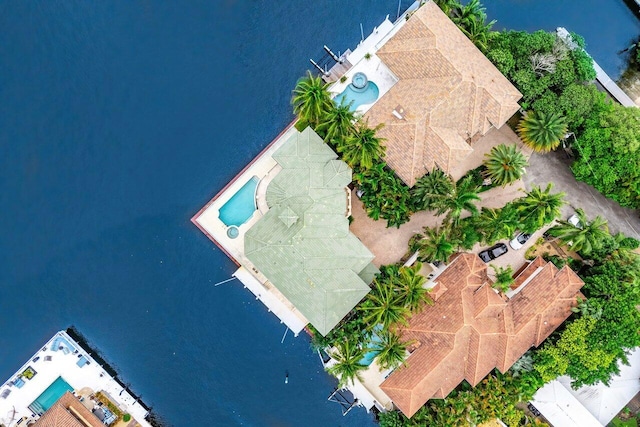 drone / aerial view featuring a water view