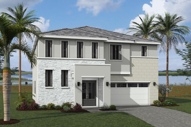 2722 NW 87th Ter, Cooper City, FL 33024 - view of front of home with a front lawn, french doors, a water view, and a garage