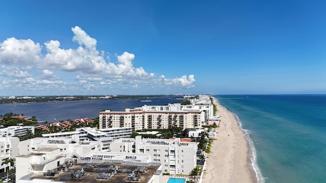 drone / aerial view with a view of the beach and a water view