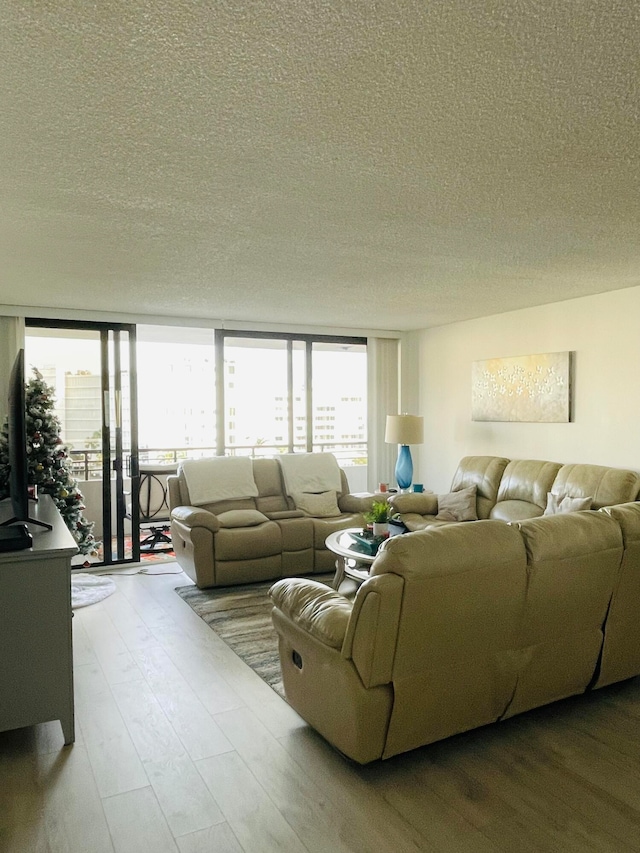 living room featuring light hardwood / wood-style floors, a textured ceiling, and a wall of windows