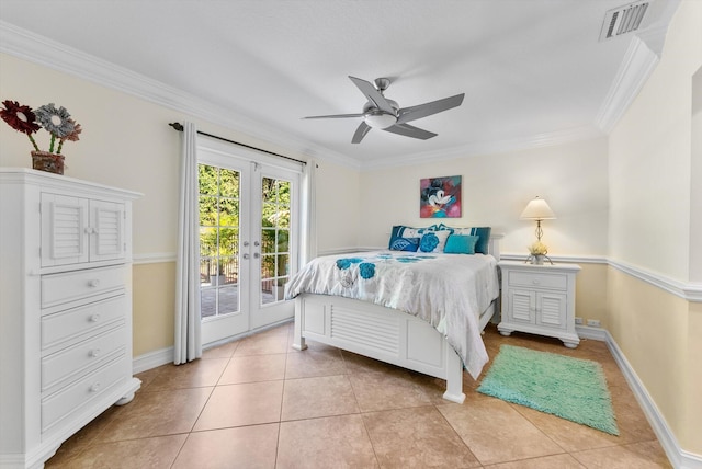 bedroom with access to exterior, ceiling fan, crown molding, and light tile patterned floors