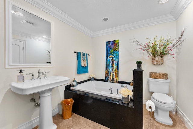 bathroom featuring a bathtub, tile patterned flooring, ornamental molding, and toilet