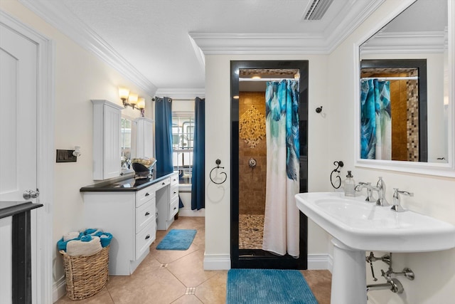 bathroom with tile patterned floors, curtained shower, and crown molding