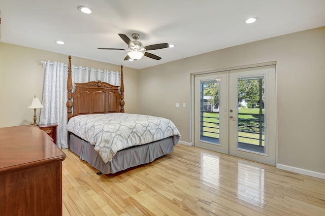 bedroom with access to outside, ceiling fan, french doors, and light hardwood / wood-style floors