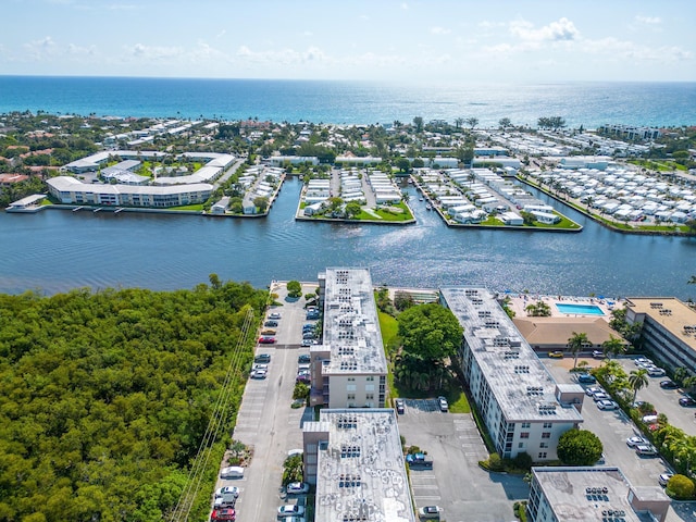 aerial view featuring a water view