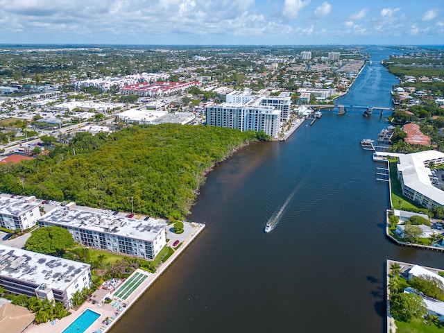 bird's eye view with a water view