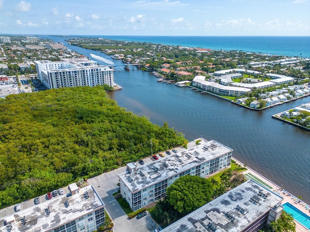 aerial view featuring a water view