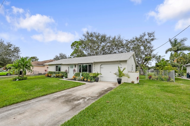 ranch-style house with a front yard and a garage