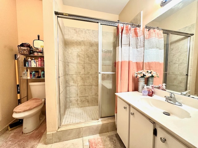 bathroom featuring a shower with shower curtain, vanity, toilet, and tile patterned flooring