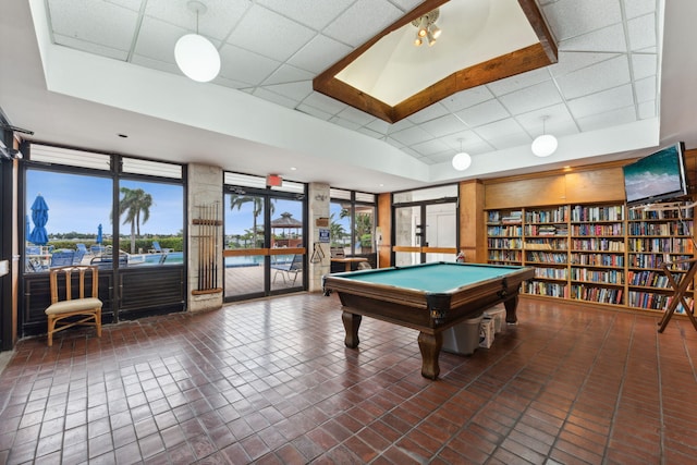 game room featuring a paneled ceiling and pool table