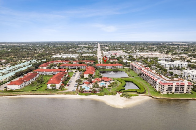 aerial view featuring a water view