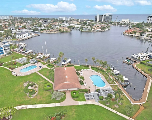 aerial view featuring a water view