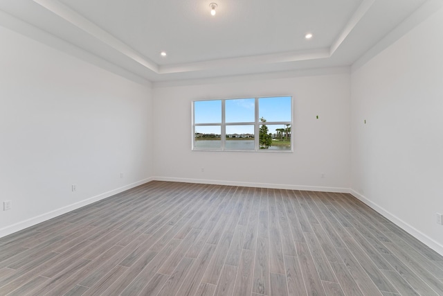 spare room featuring light wood-type flooring and a tray ceiling