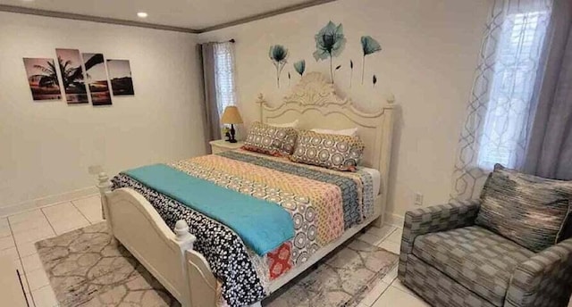 bedroom featuring light tile patterned flooring and ornamental molding