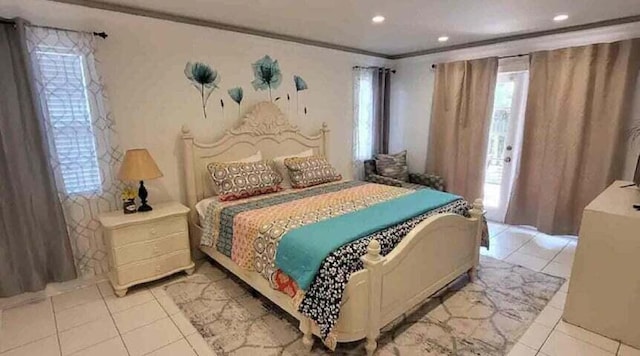 tiled bedroom with ornamental molding