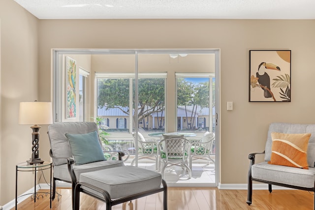 sitting room with light hardwood / wood-style flooring, a healthy amount of sunlight, and a textured ceiling