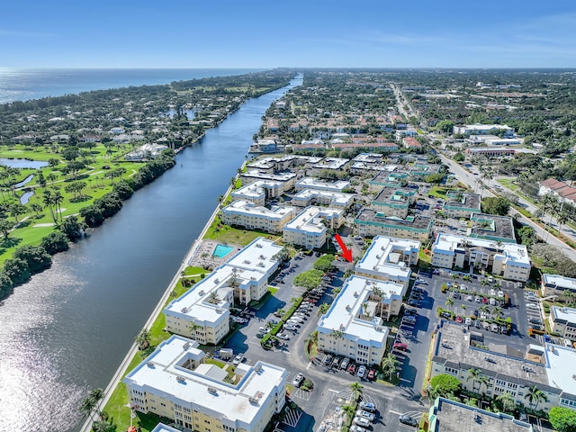 drone / aerial view featuring a water view