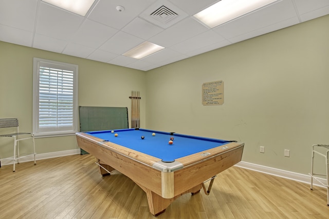 game room featuring a paneled ceiling, light hardwood / wood-style flooring, and billiards