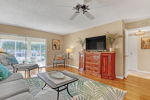 living room with ceiling fan, light hardwood / wood-style floors, and a textured ceiling