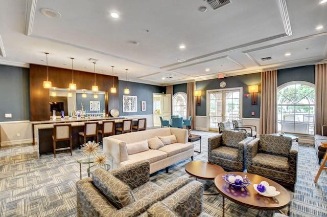 interior space featuring french doors, crown molding, and coffered ceiling